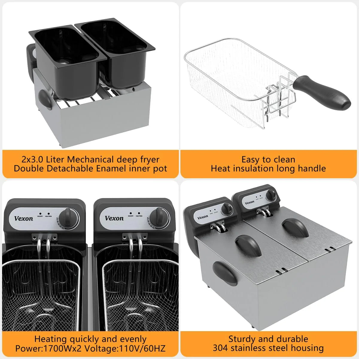 2026 3000W Commercial Electric Deep Fryer with Baskets & LIDS,2X3L Stainless Steel Double Deep Fryer,small Deep Fryer with Basket,temperature…