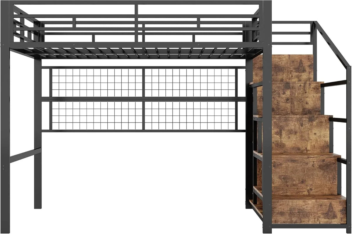 2026 Cama alta (140 x 200 cm), marco de hierro, armario, escalera de almacenamiento, rejilla para colgar objetos, espacio libre debajo de la cama, luces LED de 7 colores, sin colchón, color negro