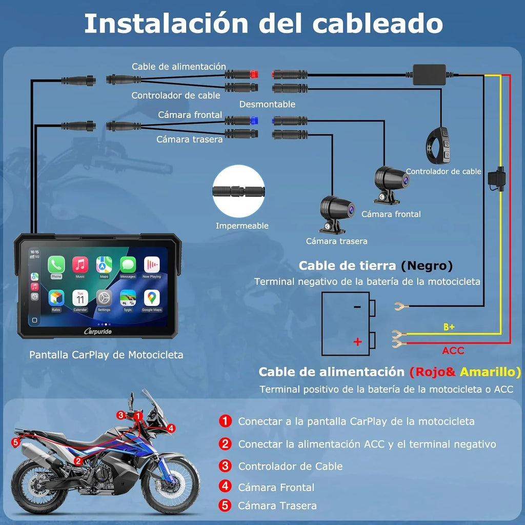 2026 Carpuride W702 Plus Android 14 Motocicleta Carplay Pantalla con Doble Cámara, CarPlay y Android Auto Inalámbricos,7" Pantalla Táctil Impermeable, Audio BT,Grabación Bucle, Navegación Online y Offline.