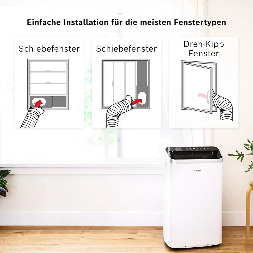 Aire acondicionado portátil Bosch Cool 4000 (modelo 2026) – 3 en 1: Aire acondicionado, deshumidificador y ventilador – 2,6 kW para habitaciones de hasta 35 m² – Con modo automático, modo silencioso y modo reposo.