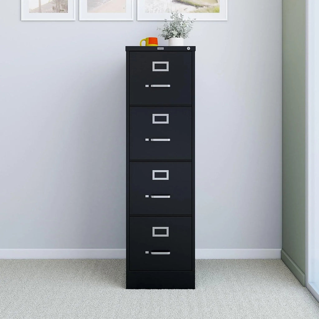 2026 STAPLES 4-Drawer File Cabinet, Lockable, Black, 25"D x 15"W