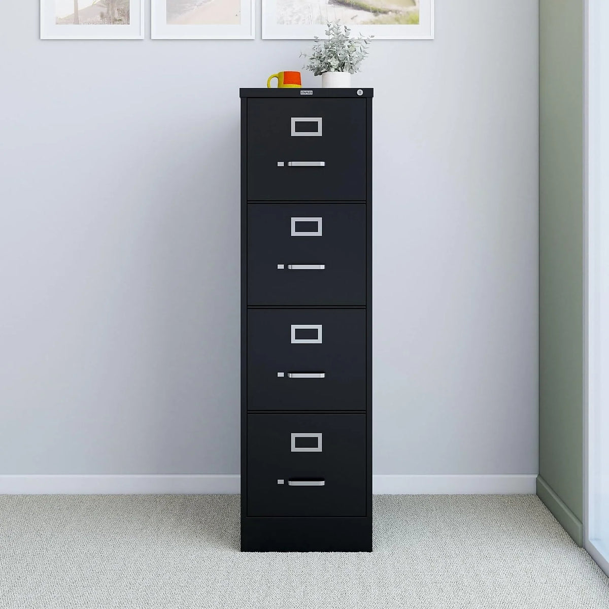 2026 STAPLES 4-Drawer File Cabinet, Lockable, Black, 25"D x 15"W