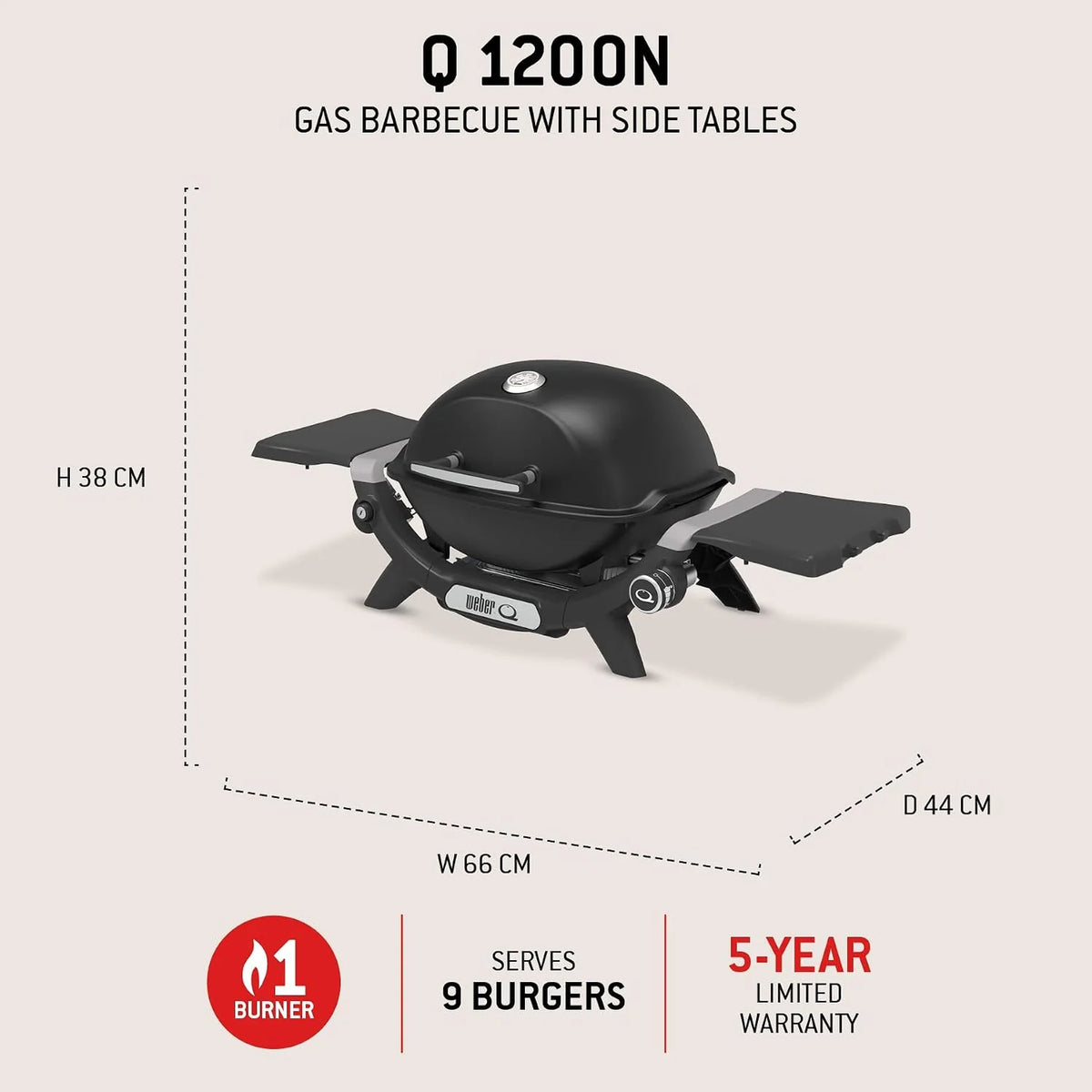 Parrilla de gas Weber Q 1200N 2026 con mesas laterales/Parrilla ligera para camping, patios y balcones con quemador de alto rendimiento, rejillas de hierro fundido esmaltadas en porcelana y encendido electrónico, color negro medianoche.