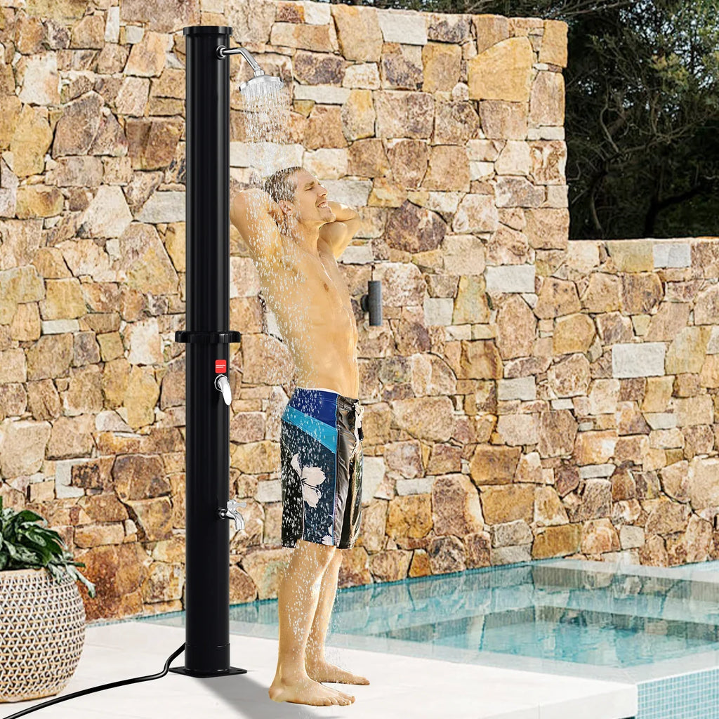 Ducha solar de jardín Sonnewelt 60L (modelo 2026) con cubierta protectora y ducha de mano.