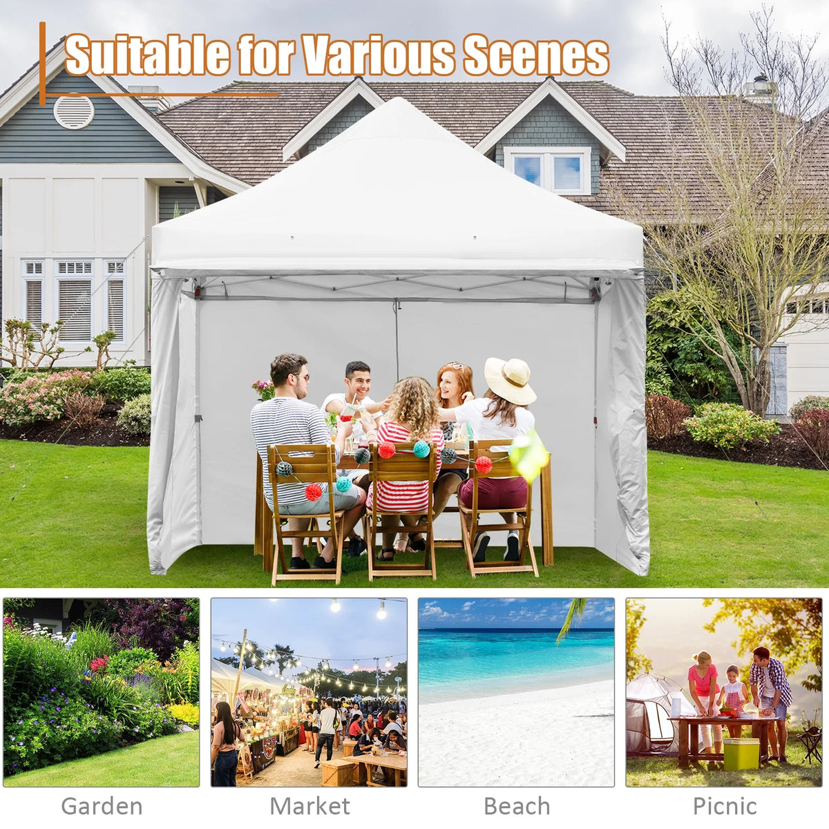2026 Patiojoy 10x10ft Pop up Tent, 4 Height Adjustment Folding Camping Tent with Awning Blue
