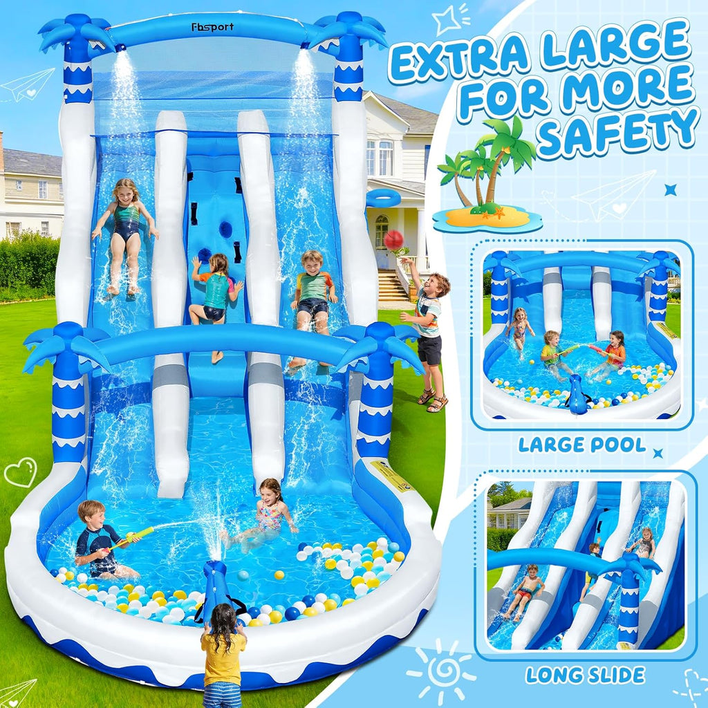 Castillo hinchable XXL 2026 con 2 toboganes acuáticos para uso comercial, adultos y niños, hinchable para interiores y exteriores con soplador, tamaño piscina, tobogán, cesta, sistema de aspersores y rocódromo, 630x290x285 cm