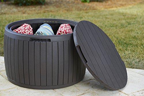 2026 37 gallon Round Deck Box, Patio Table for Outdoor Cushion Storage, Brown