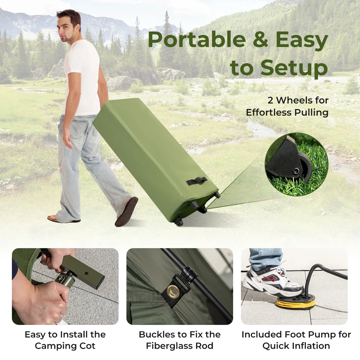 2026 Patiojoy Folding 2-Person Camping Tent Cot Portable Pop-Up Tent with Sleeping Bag&Air Mattress for Outdoor Activity