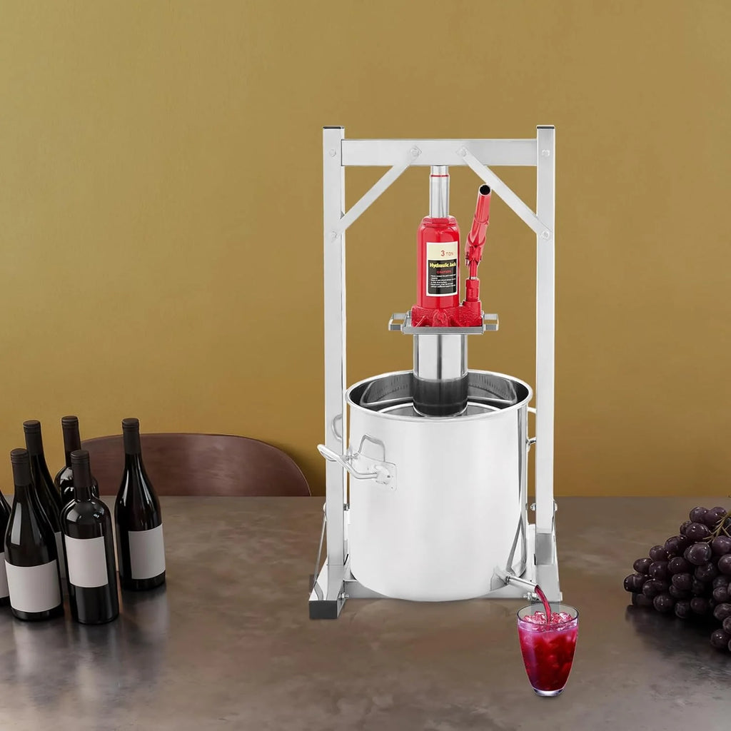 Prensa hidráulica para frutas de 12 litros (modelo 2026), fabricada en acero inoxidable 304 con elevador hidráulico de 3 toneladas, exprimidor manual, cubo con filtro interno, prensa para vino y sidra. Ideal para vino, mosto y zumos de frutas.