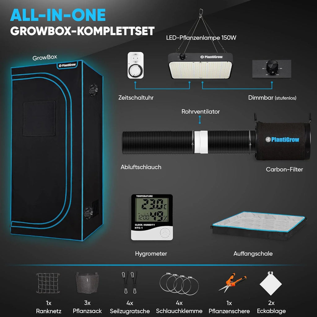 Conjunto completo de tienda de cultivo 2026: invernadero de interior con lámpara LED de espectro completo de 150 W (regulable), 1680D, filtro de carbón, ventilador de conducto en línea, manguera de extracción (80x80x180 cm)