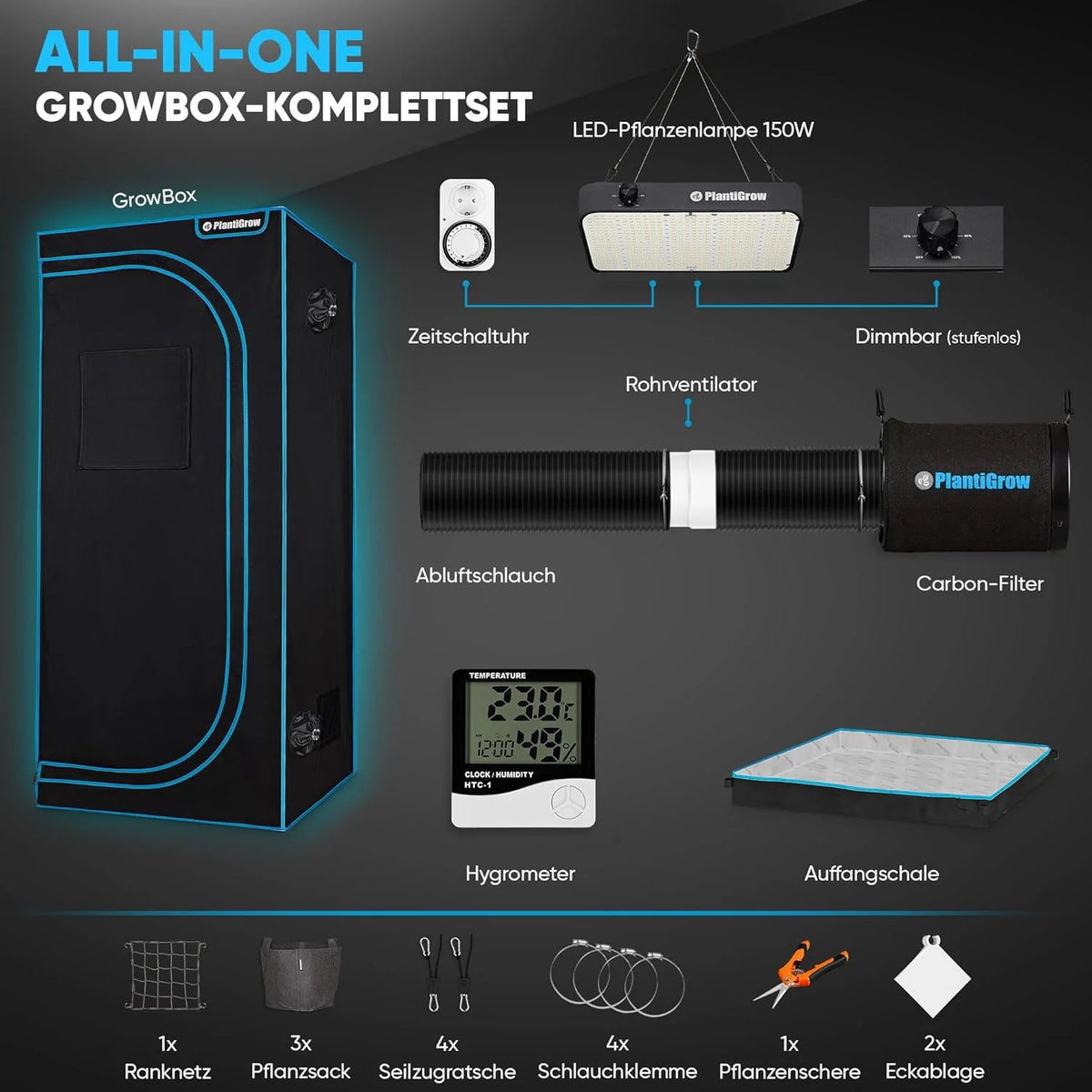 Conjunto completo de tienda de cultivo 2026: invernadero de interior con lámpara LED de espectro completo de 150 W (regulable), 1680D, filtro de carbón, ventilador de conducto en línea, manguera de extracción (80x80x180 cm)
