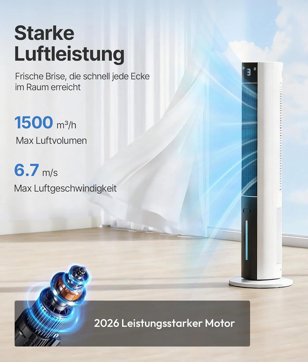 Ventilador de torre 2026 con enfriador de aire por agua – Aire acondicionado portátil sin manguera de escape, ventilador silencioso, 3 modos – Temporizador de 12 horas – Aroma – Control remoto, para habitaciones y apartamentos