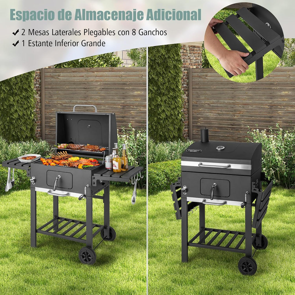 2026 COSTWAY Barbacoa Carbon XXL, Barbacoa Portatil 128 x 54x 117 cm, Tapa, Termómetro, 2 Mesas Laterales Plegables, 8 Ganchos, 2 Ruedas y Abridor de Botellas