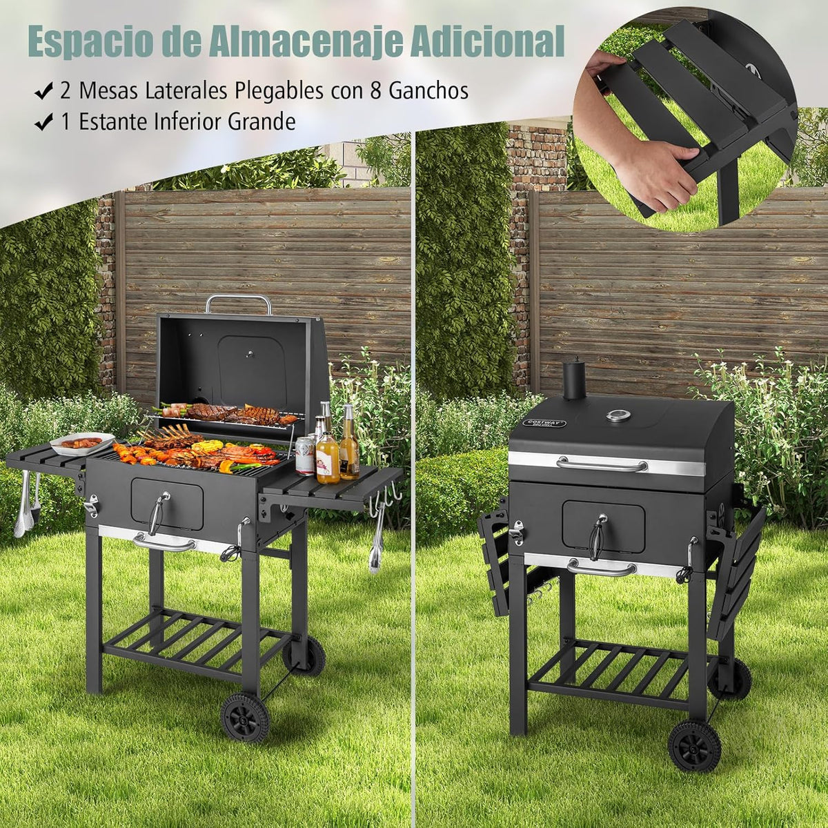 2026 COSTWAY Barbacoa Carbon XXL, Barbacoa Portatil 128 x 54x 117 cm, Tapa, Termómetro, 2 Mesas Laterales Plegables, 8 Ganchos, 2 Ruedas y Abridor de Botellas