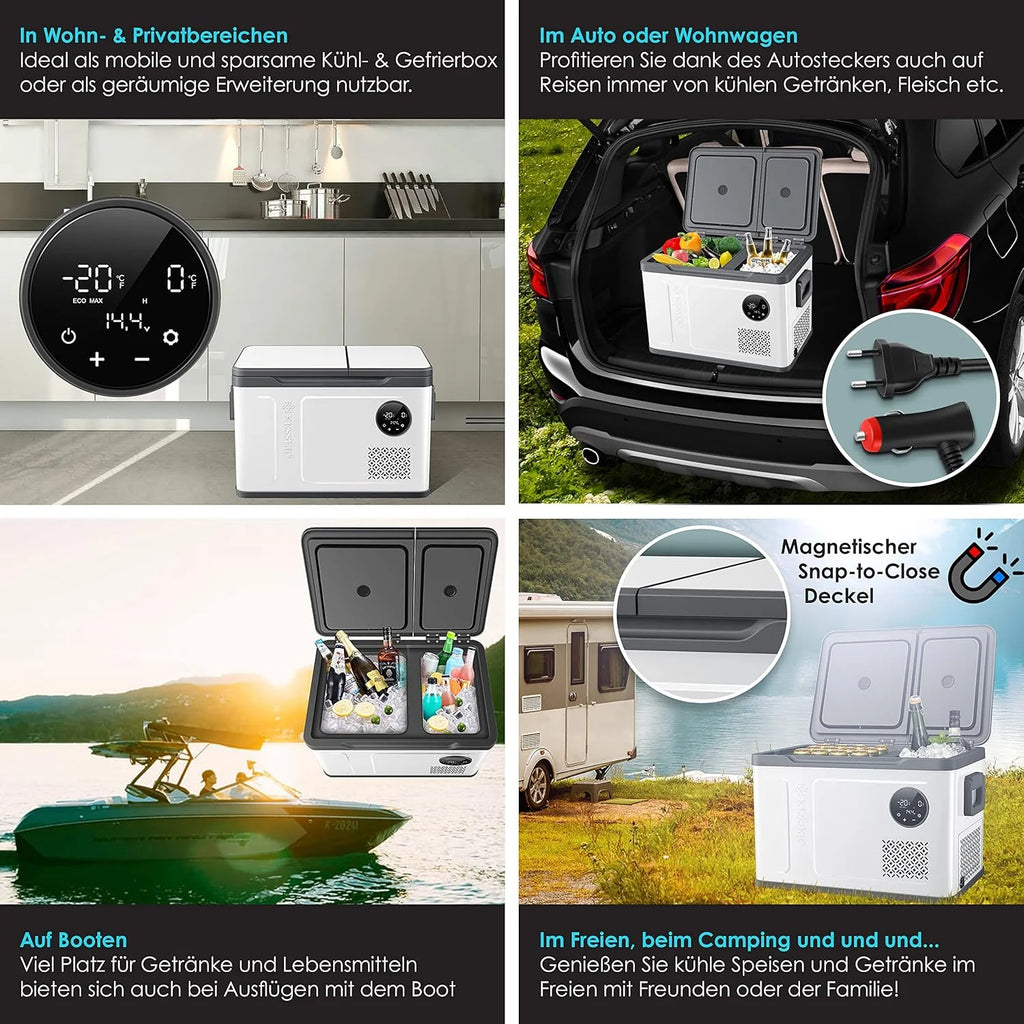 Nevera portátil KESSER 2026 con compresor, 2 en 1, doble zona de refrigeración y congelación, con congelador eléctrico, 2 acumuladores de frío y control táctil LED | Refrigerador con capacidad de enfriamiento hasta – 20 °C para camping, coche y