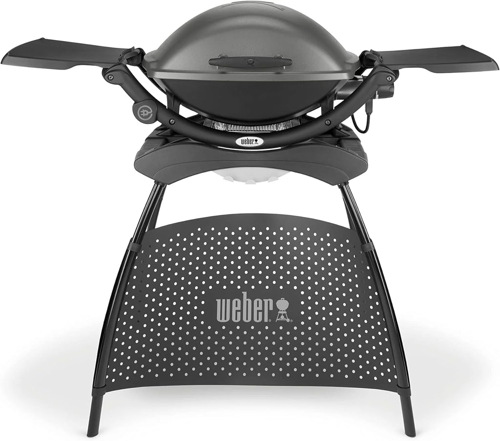 Parrilla eléctrica Weber Q2400 de 2026 con soporte y mesas laterales, superficie de cocción de 54 x 39 cm, portátil, rejilla de cocción de hierro fundido esmaltado en porcelana de 2 piezas, tapa y carcasa de aluminio fundido – Gris oscuro (55020879)