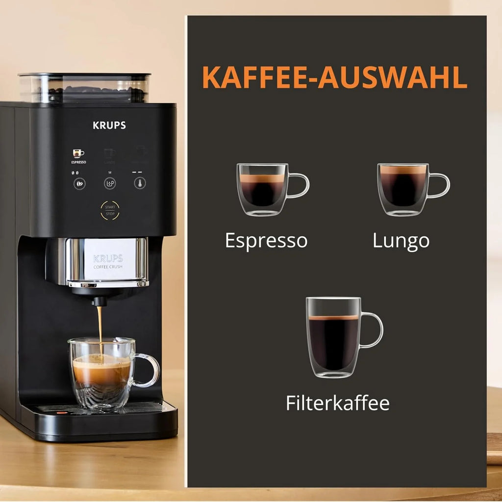 Cafetera automática Krups Coffee Crush Extra 2026, molinillo de acero inoxidable para café recién molido, solo 15 cm de ancho, panel de control inteligente, también para café premolido, fácil limpieza, color negro, SA4028E0