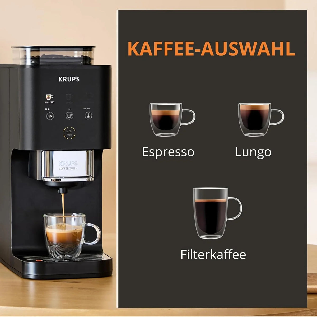 Cafetera automática Krups Coffee Crush Extra 2026, molinillo de acero inoxidable para café recién molido, solo 15 cm de ancho, panel de control inteligente, también para café premolido, fácil limpieza, color negro, SA4028E0