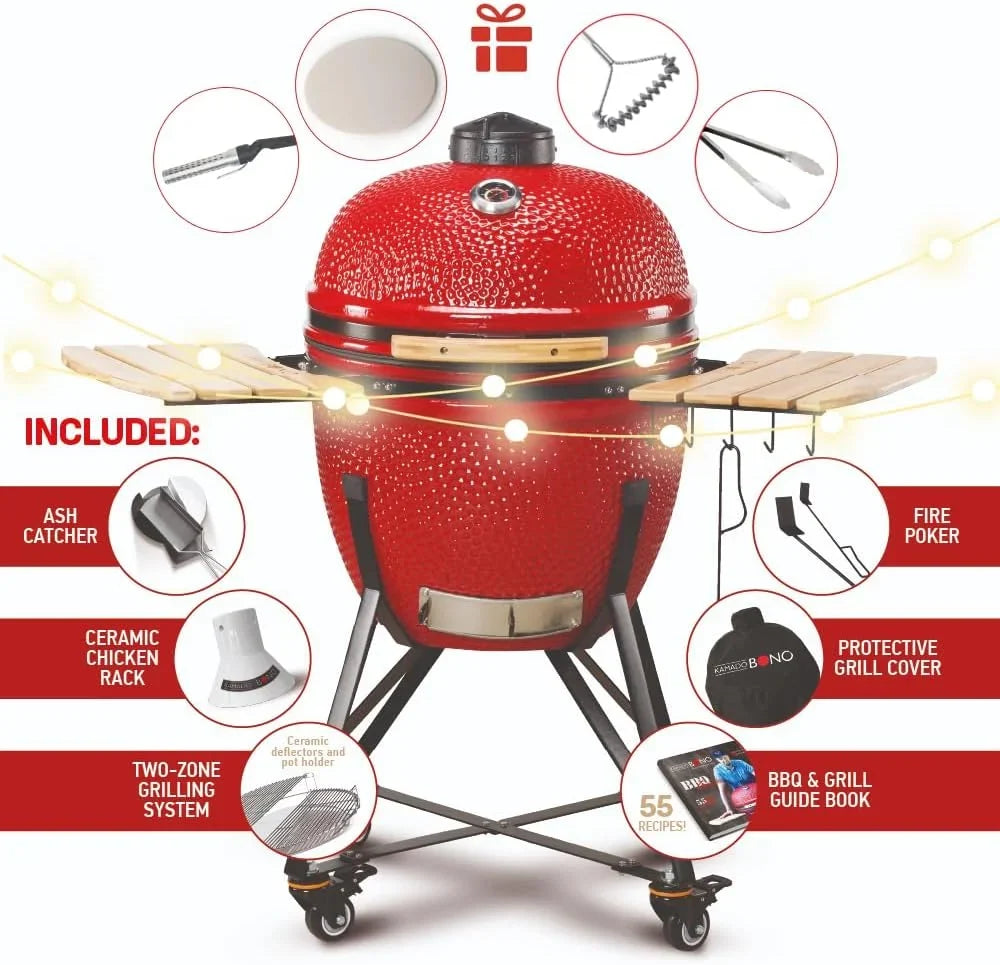 2026 Kamado BONO BBQ – Barbacoa Grande XXL con 10 accesorios – Ø 59 cm Kamado Barbacoa con Accesorios – Parrilla ahumador rojo en la terraza, balcón o jardín