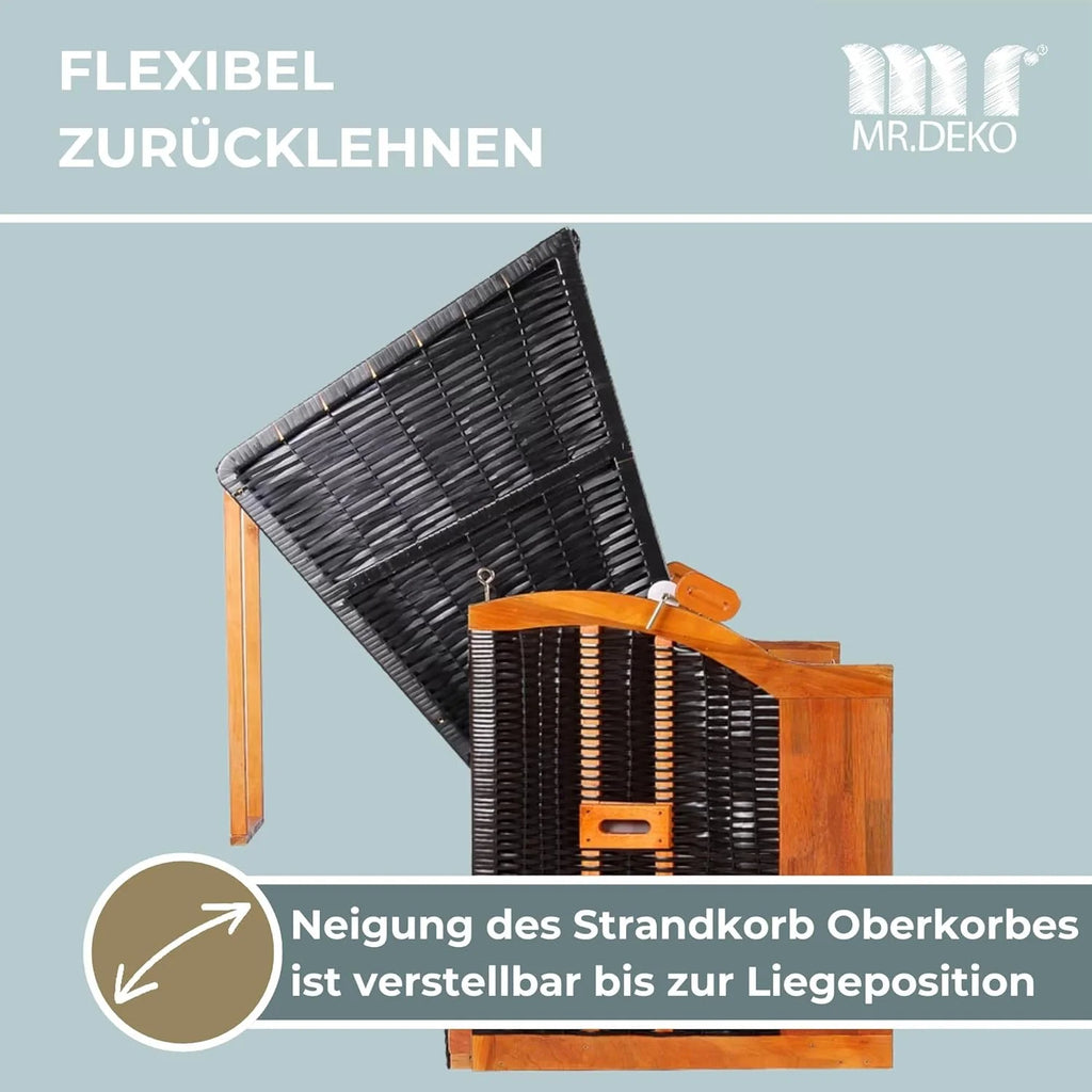 Silla de playa Baltic Sea 2026 Juniper PE negra (diseño gris real) | Silla de playa de 2 plazas resistente a la intemperie | Silla reclinable de dos plazas de madera maciza | Sillas de playa para balcón | Silla de playa para jardín