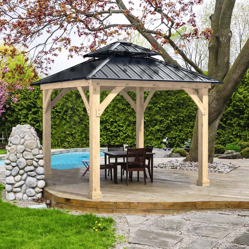 2026 10 X 10 Ft Outdoor Patio Hardtop Gazebo With Wood Frame Amp 2 Tier Metal Roof All Weather Gazebo Pergolas Shelter