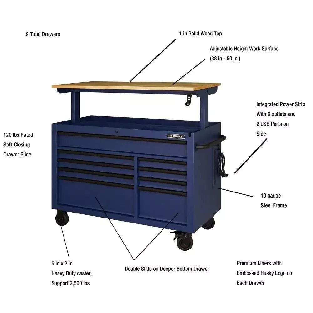2026 Heavy-Duty 52 in. 9-Drawer Mobile Workbench with Adjustable-Height Solid Wood Top in Matte Blue