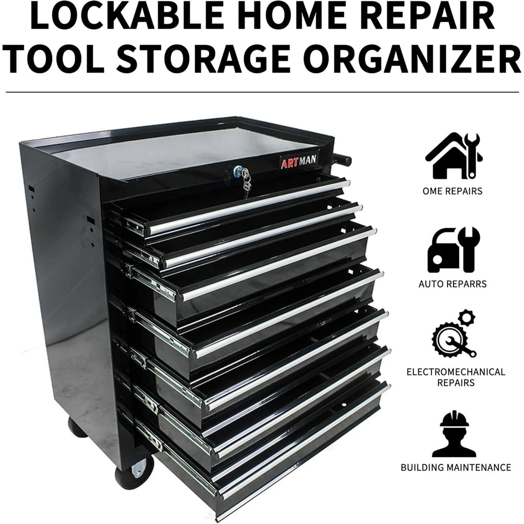 2026 POVANLI  7-Drawer Rolling Tool Chest with Wheels Multifunctional Tool Chest Portable Tool Storage Cabinet with Locking System for Garage Workshop Warehouse Repair Shop