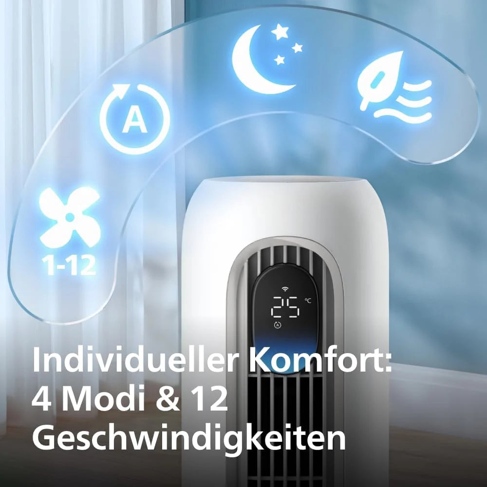 Ventilador de torre inteligente Philips Serie 7000 (2026): potente (8,4 m/s), ultra silencioso (22 dB), de bajo consumo, control por aplicación y mando a distancia, Wi – Fi, 12 velocidades, modo de suspensión, indicador de temperatura, temporizador