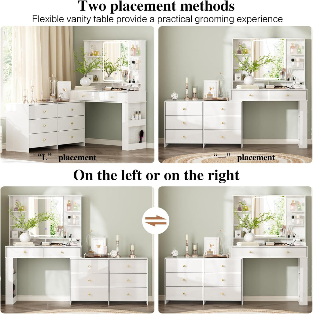 2026 Makeup Vanity Desk with Mirror and Lights, Vanity Desk with 8 Drawers & Storage Shelves, Vanity Table with Power Outlet, 3 Color Modes & Adjustable Brightness Dressing Table, Bedroom, White
