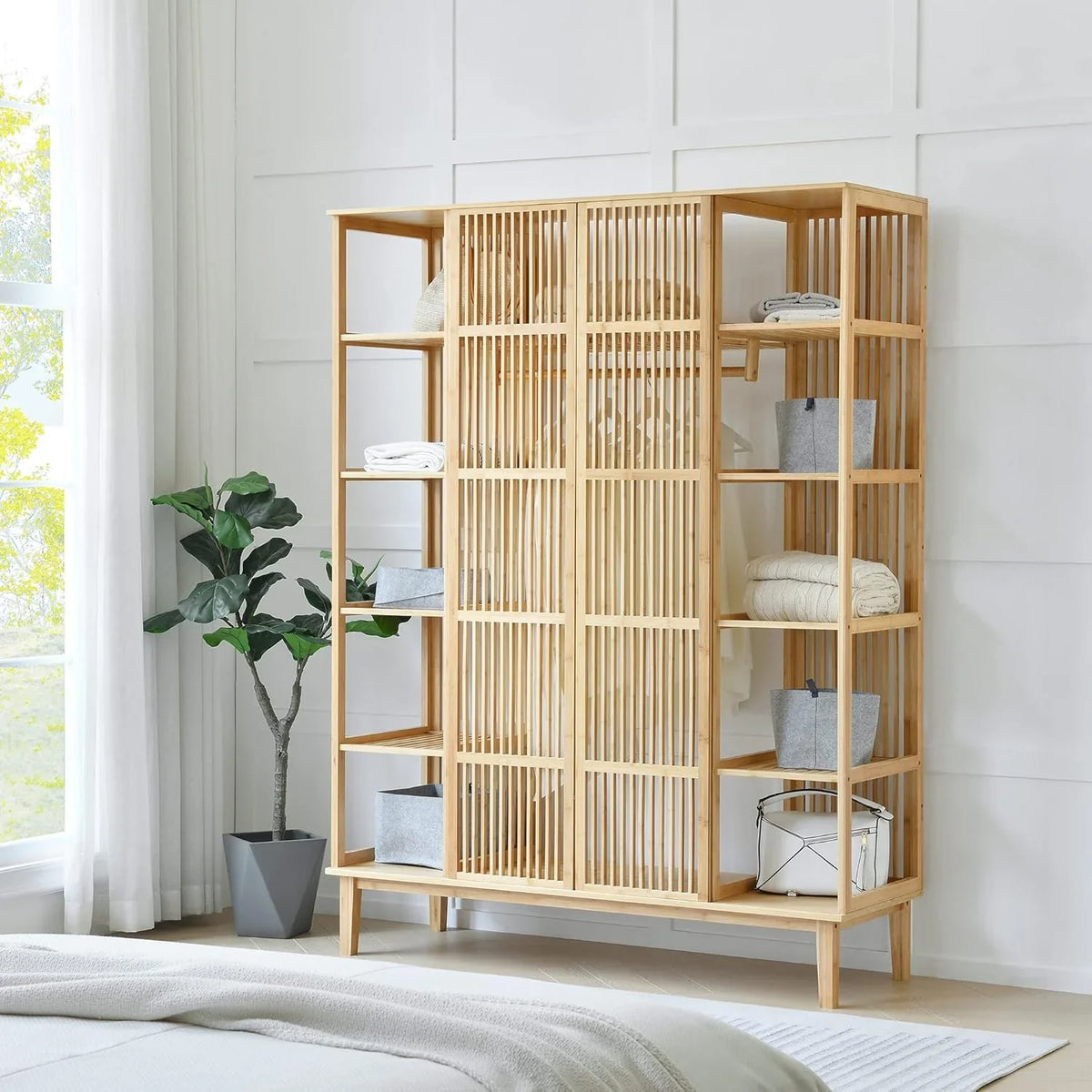 2026 Armario para Ropa con 2 Puertas Deslizantes Clóset con 12 Estantes y 1 Barra de Colgar Perchero de Bambú 185 x 140 x 45 cm Natural