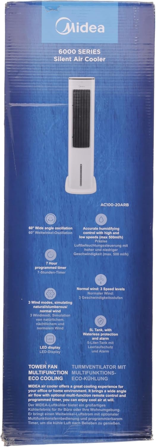 Enfriador de aire Midea 2026 con refrigeración por agua, aire acondicionado portátil, ventilador con 5 litros de refrigeración por agua, humidificador e ionizador, aire acondicionado sin tubo de escape, 355 m³/h, ventilador con control remoto, 55 W