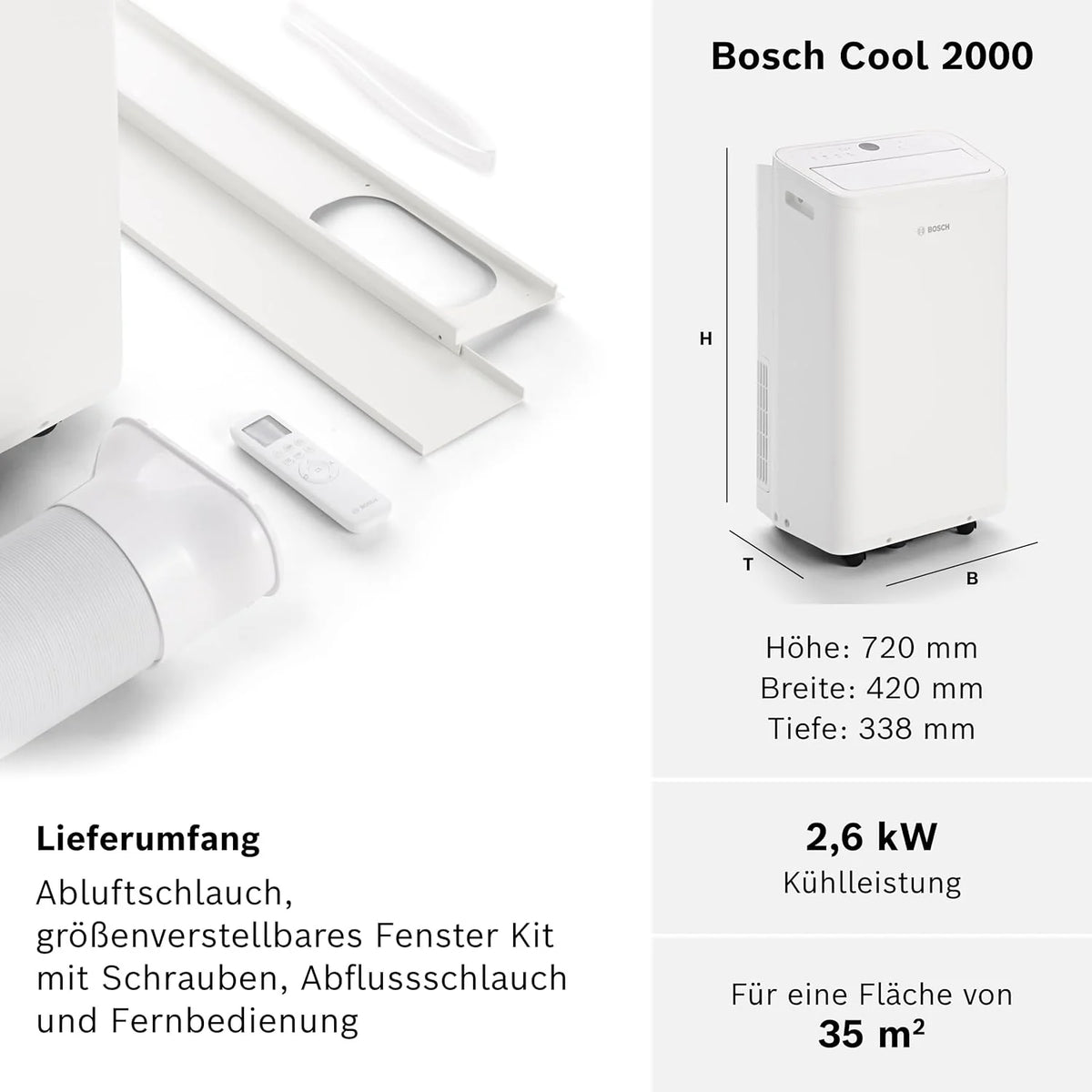 Aire acondicionado portátil Bosch Cool 4000 (modelo 2026) – 3 en 1: Aire acondicionado, deshumidificador y ventilador – 2,6 kW para habitaciones de hasta 35 m² – Con modo automático, modo silencioso y modo reposo.