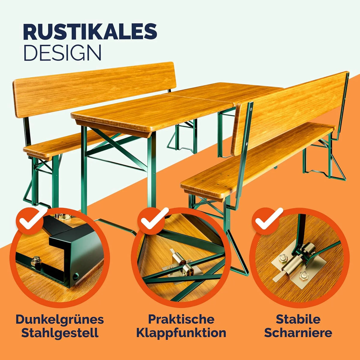 Conjunto de jardín cervecero Casaria® 2026 con respaldo, 170 cm, plegable, resistente, 2 bancos para cerveza, 1 mesa ancha, mesa de cerveza de madera, conjunto de carpa para festivales, conjunto de jardín cervecero
