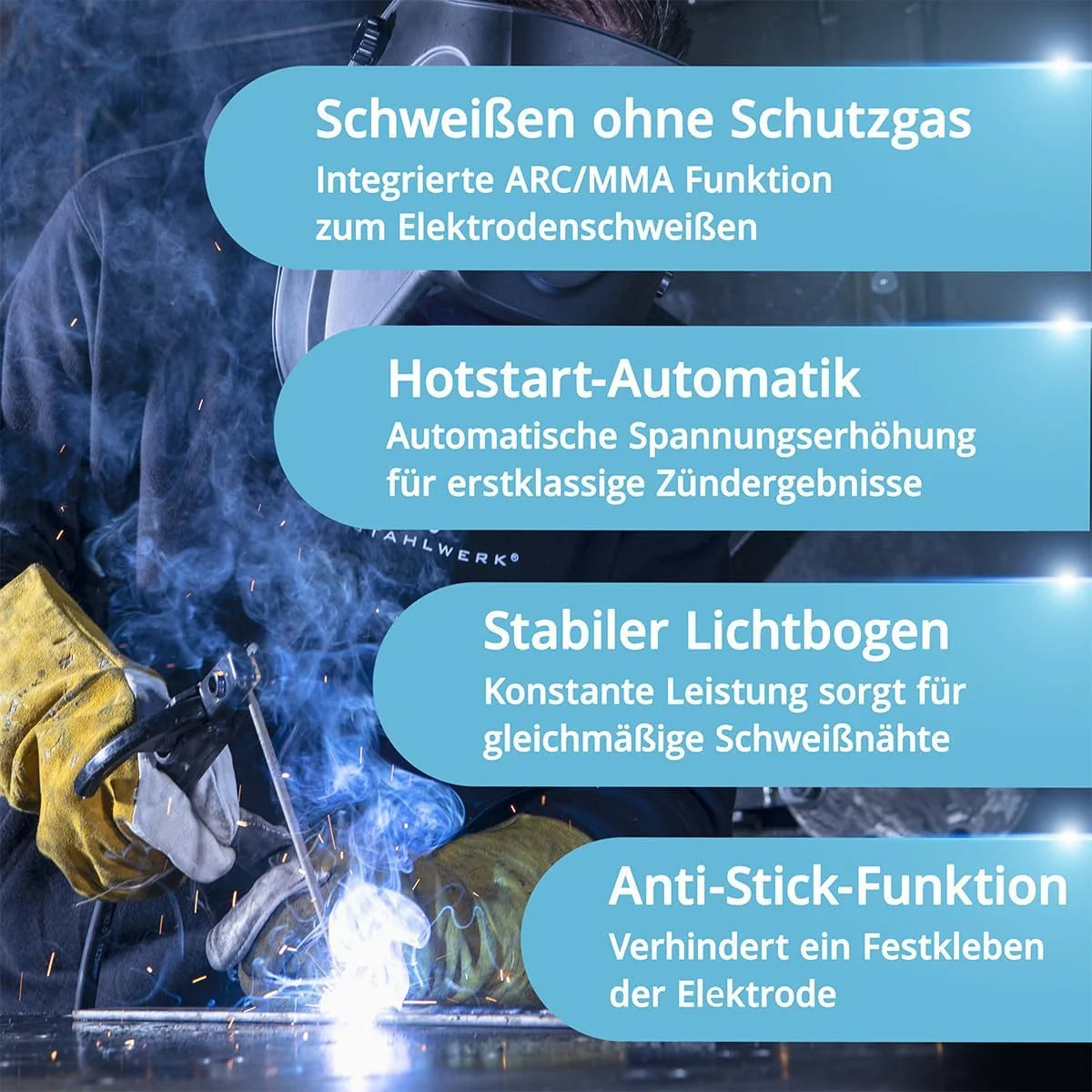 Máquina de soldadura por arco metálico con gas combinada STAHLWERK 3 en 1 MTM – 200 ST 2026 – Equipo completo – TIG, MIG/MAG, MMA/Stick hasta 200 A, alimentación de alambre sinérgica, accionamiento de 4 rodillos, adecuada para alambre tubular, acero