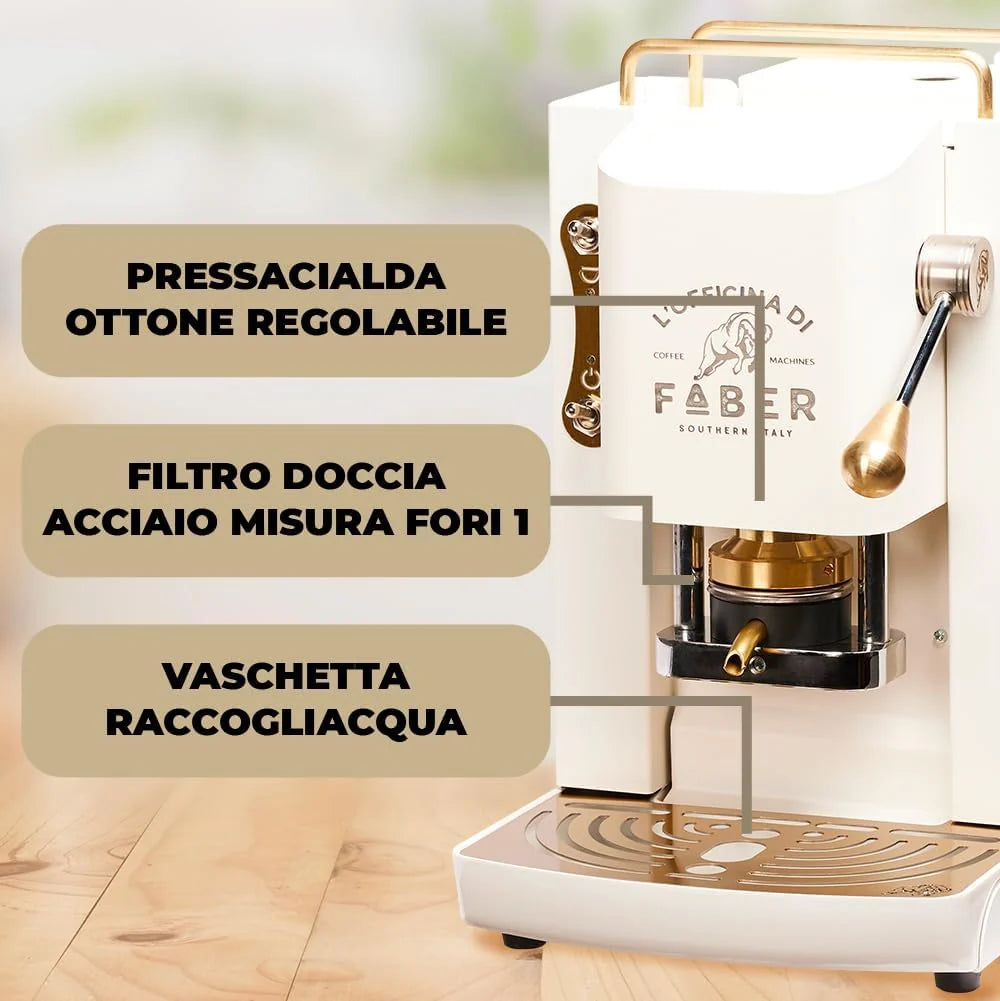 Cafetera Faber PRO Total Deluxe 2026, fabricada en latón, con papel ESE de 44 mm y capacidad de 1,3 litros (blanca).