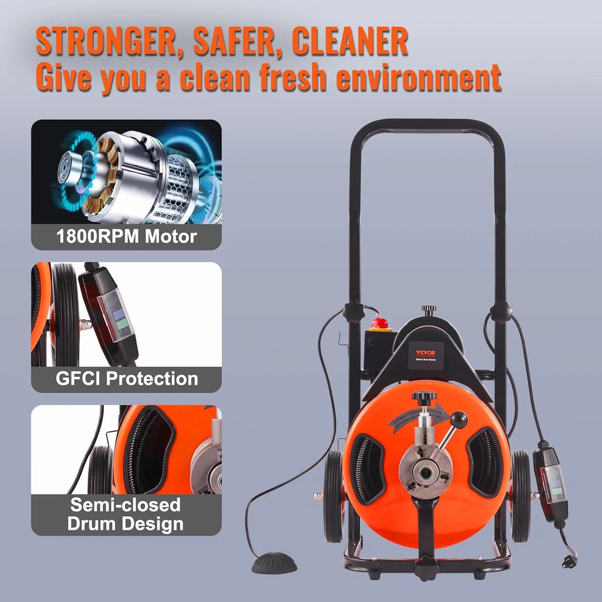 2026 Drain Cleaner Machine 100FT x 1/2Inch, Auto Feed Sewer Snake Auger with 4 Cutter & Air-activated Foot Switch for 1" to 4" Pipes, Orange, Black