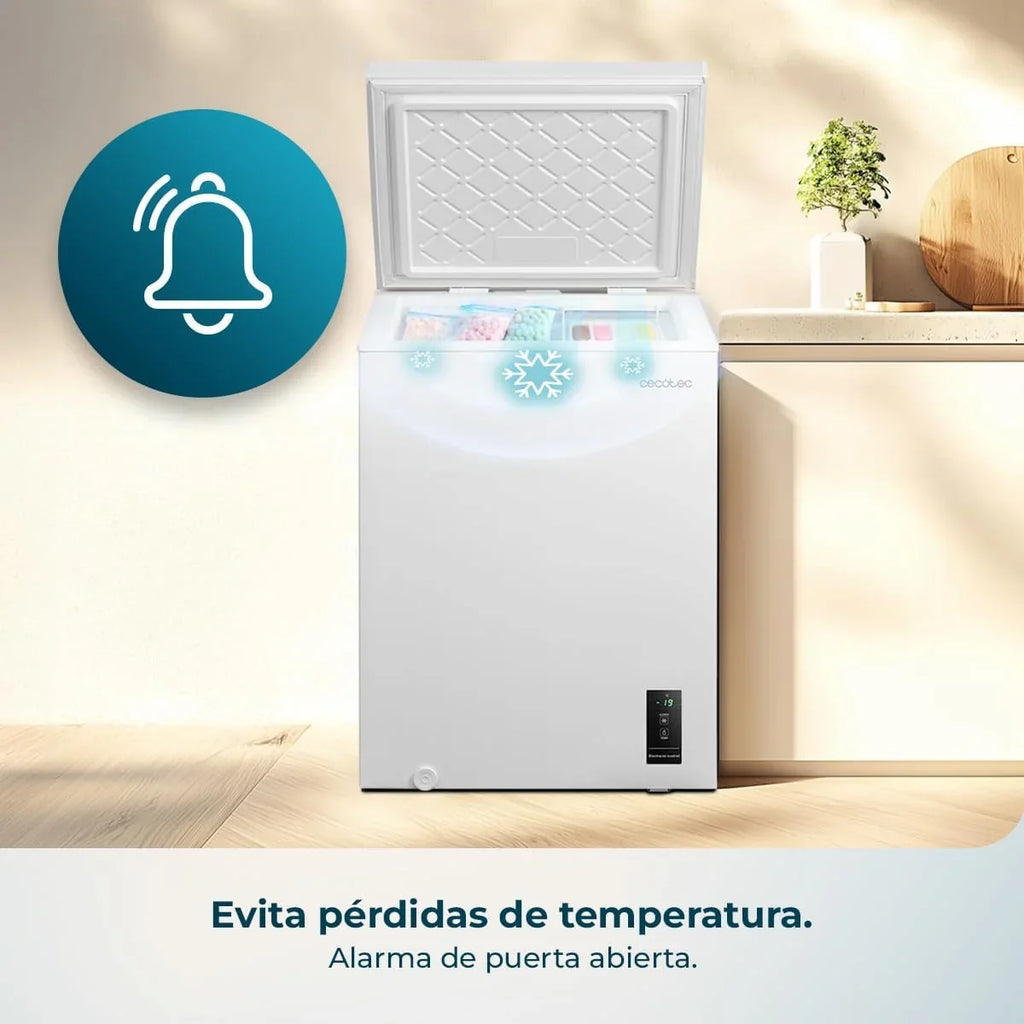Congelador horizontal Cecotec Bolero CoolMarket 143L blanco, modelo 2026. Cesta con asas, control electrónico LED, UltraContact D – Cool, doble función, puerta ZeroG (80º – 30º), congelación rápida, compacto.