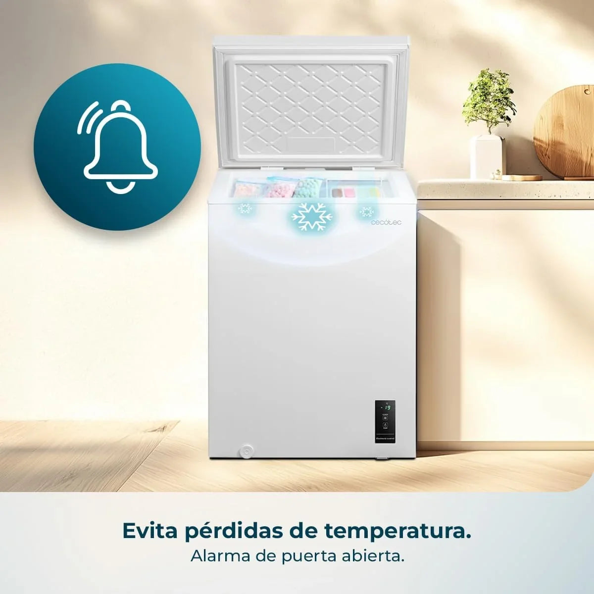 Congelador horizontal Cecotec Bolero CoolMarket 143L blanco, modelo 2026. Cesta con asas, control electrónico LED, UltraContact D – Cool, doble función, puerta ZeroG (80º – 30º), congelación rápida, compacto.
