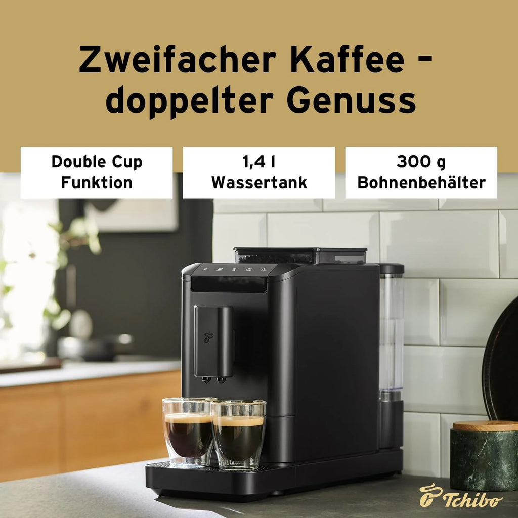 Cafetera automática Tchibo Esperto2 Caffè 2026 con función para 2 tazas (café crema y espresso), color negro granito. INCLUYE un kit de degustación de café GRATIS.