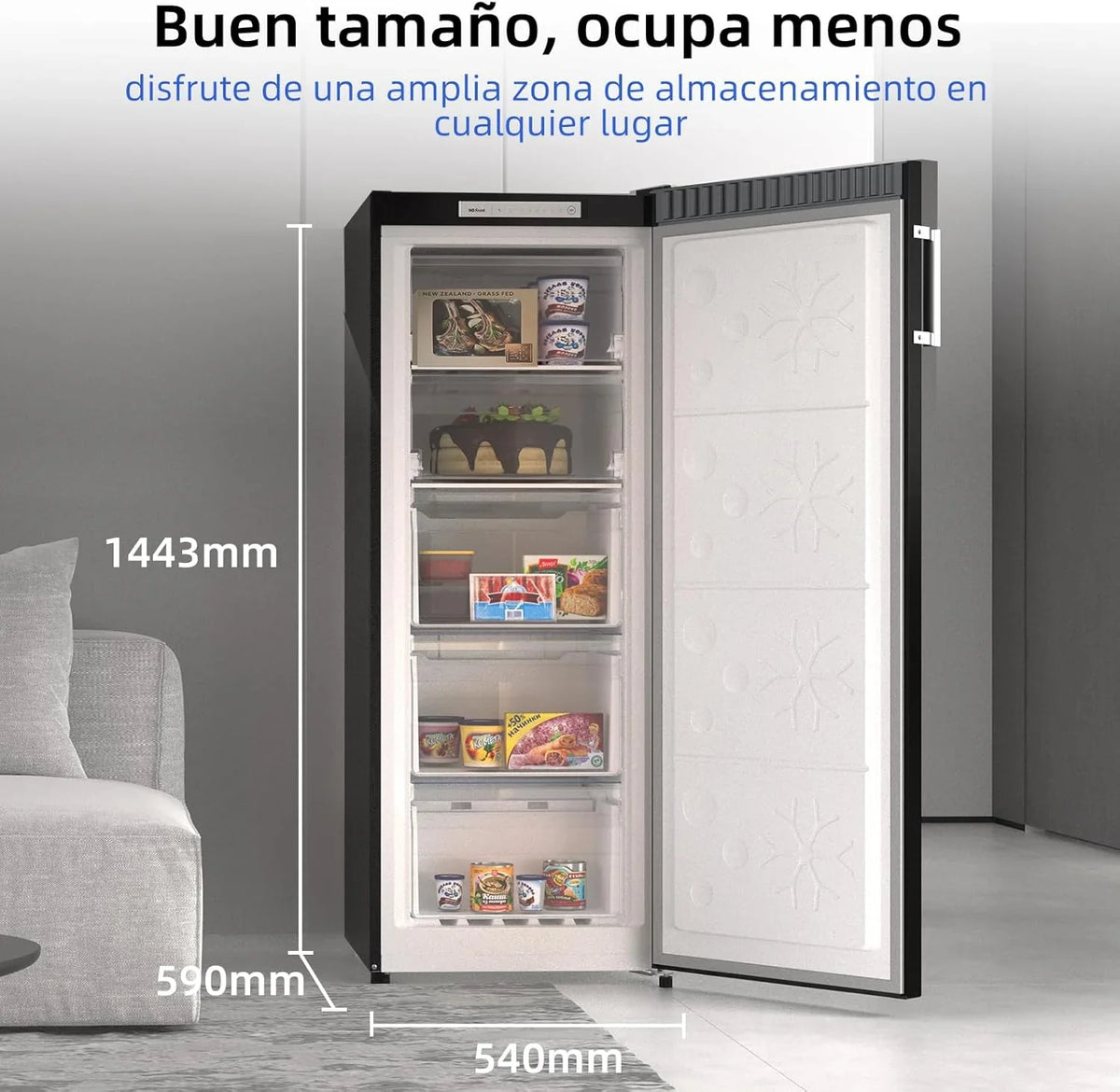2026 CHiQ Congelador Vertical No frost 166L,FSD166NE4E, Cajones XL, Control de Temperatura Electrónico, Puertas Reversibles, Silencioso, Ice Box, Color Inox Negro, Clase Energética E