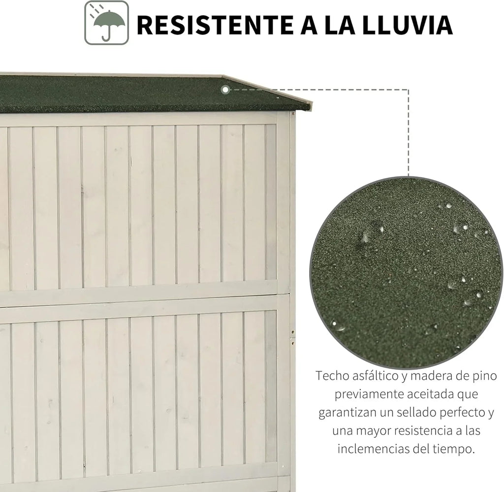 2026 Outsunny Cobertizo de Madera Caseta Exterior Armario Herramientas de Jardinería Doble Puertas Techo Impermeable Compartimientos de Diferentes Tamaños 127.5x50x164cm Madera Maciza
