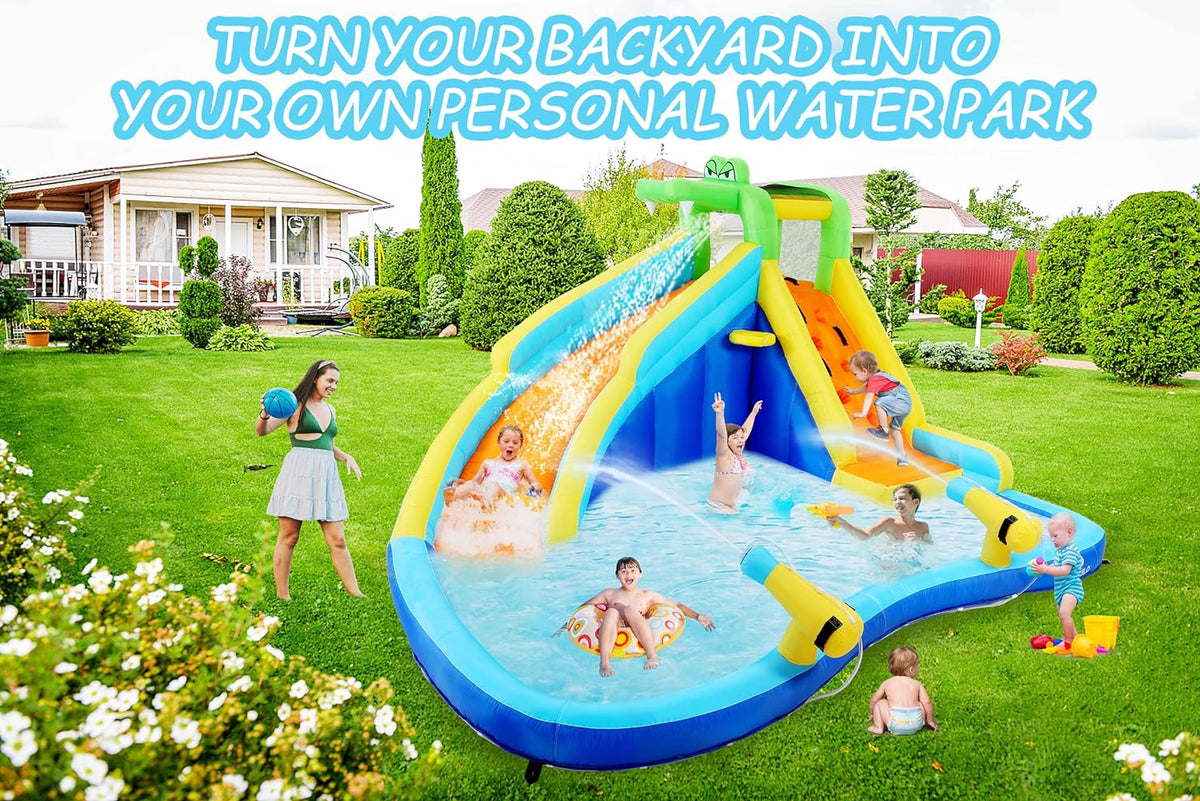 2026 Inflatable Water Slides for Kids 8-in-1 Bounce House Water Park with 450W Blower Climbing Wall, Splash Pool, 2 Water Cannons, Basketball Hoop, Water Slide, Crocodile Sprinkler for Gift Backyard Party