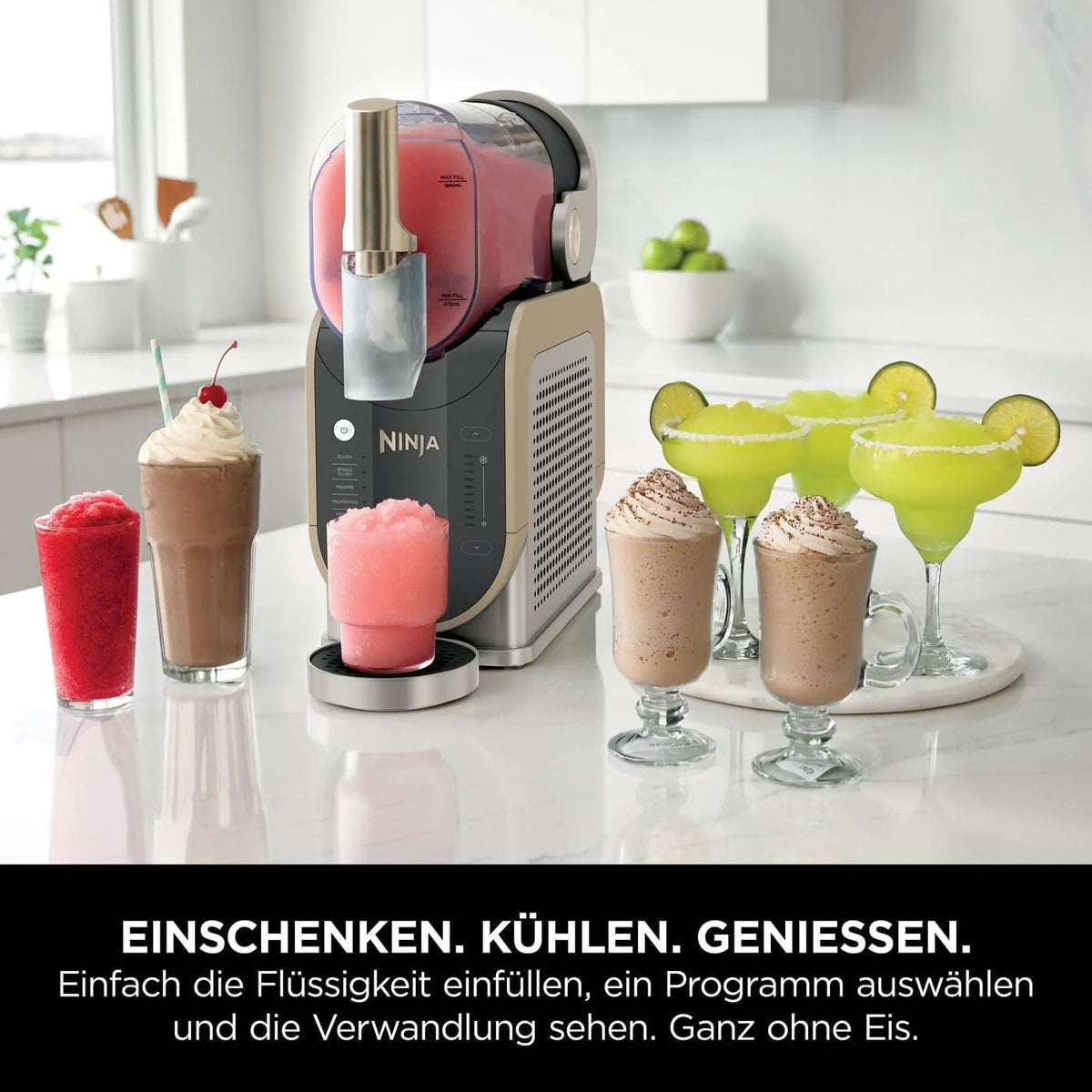 Máquina Ninja SLUSHi 2026 para granizados, cócteles helados, frappés, batidos y zumos congelados, no requiere hielo ni preparación, tecnología WhisperChill, capacidad de 1,9 L, color oro piedra, FS301EUSTGD