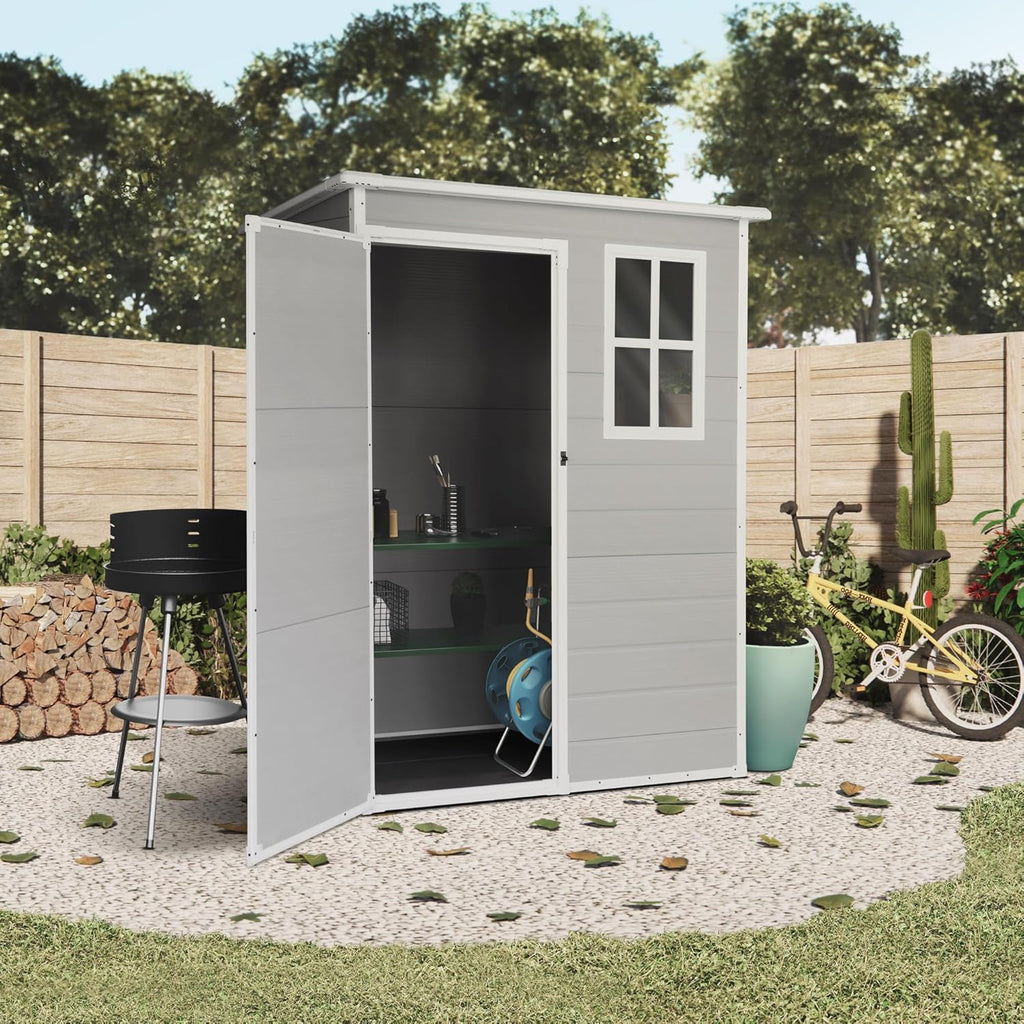 2026 Wasabi – Caseta de Resina Jardín Unit 1.4 – Ventana Luz Natural – Suelo Incluido – Paneles 12mm de Espesor – Gris Blanco – Cobertizo PVC Almacenaje Exterior – 1,37m2 – Techo Plano