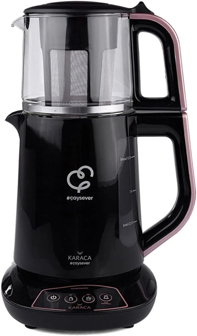 Tetera y hervidor parlante Karaca Çaysever 2026, 1700 W, oro rosa, libre de BPA, depósito de agua de 1,5 L, tetera de 0,8 L, función automática para mantener caliente, apto para comida de bebé.