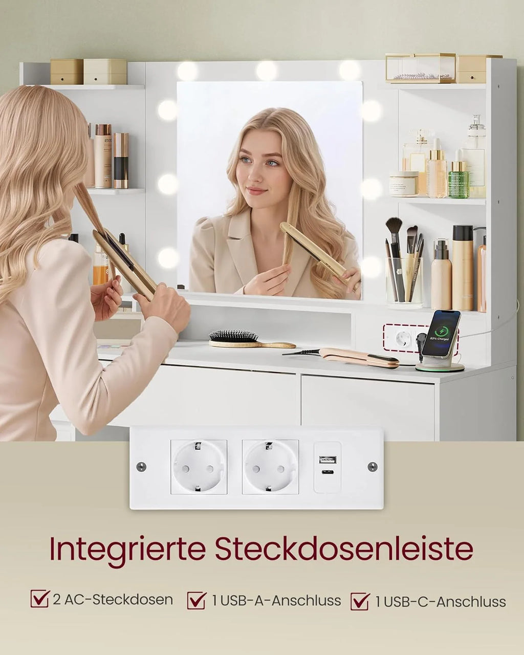 Colección Kailyn de VASAGLE 2026: Tocador con espejo y luces LED, regleta, 9 cajones, 9 bombillas regulables, 3 colores de luz, rieles deslizantes sin herramientas, blanco nube RDT141WB02