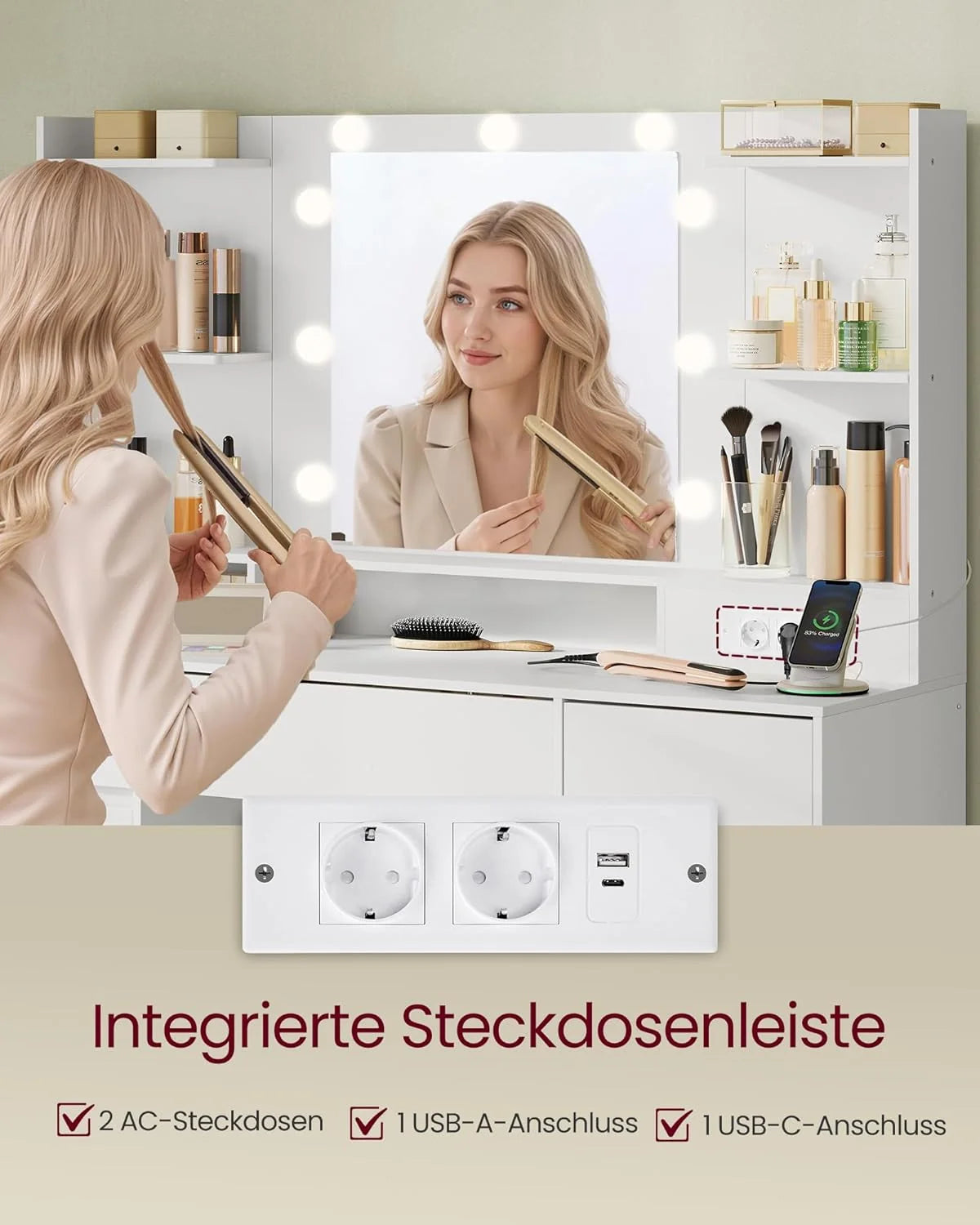 Colección Kailyn de VASAGLE 2026: Tocador con espejo y luces LED, regleta, 9 cajones, 9 bombillas regulables, 3 colores de luz, rieles deslizantes sin herramientas, blanco nube RDT141WB02