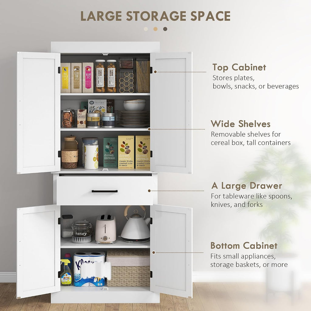 2026 72" Tall Kitchen Pantry Cabinet Adjustable Shelves Barn Doors White