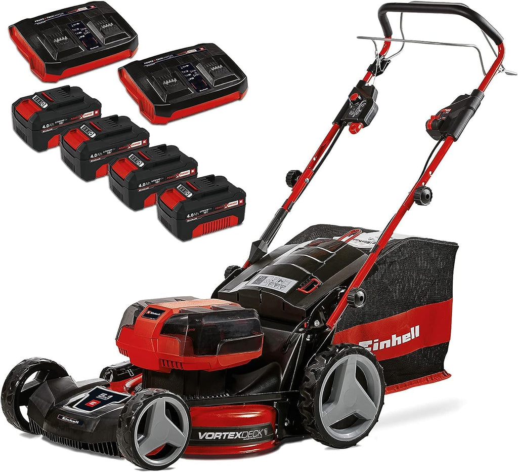 2026 Einhell Akku – Rasenmher GE – CM 36/47 S HW Li Kit Power X – Change (36 V, 47 cm de ancho, hasta 700 m, sin escobillas, tracción por radentro, depósito de 75 L, incluye 4 baterías de 4,0 Ah + 2 cargadores dobles)
