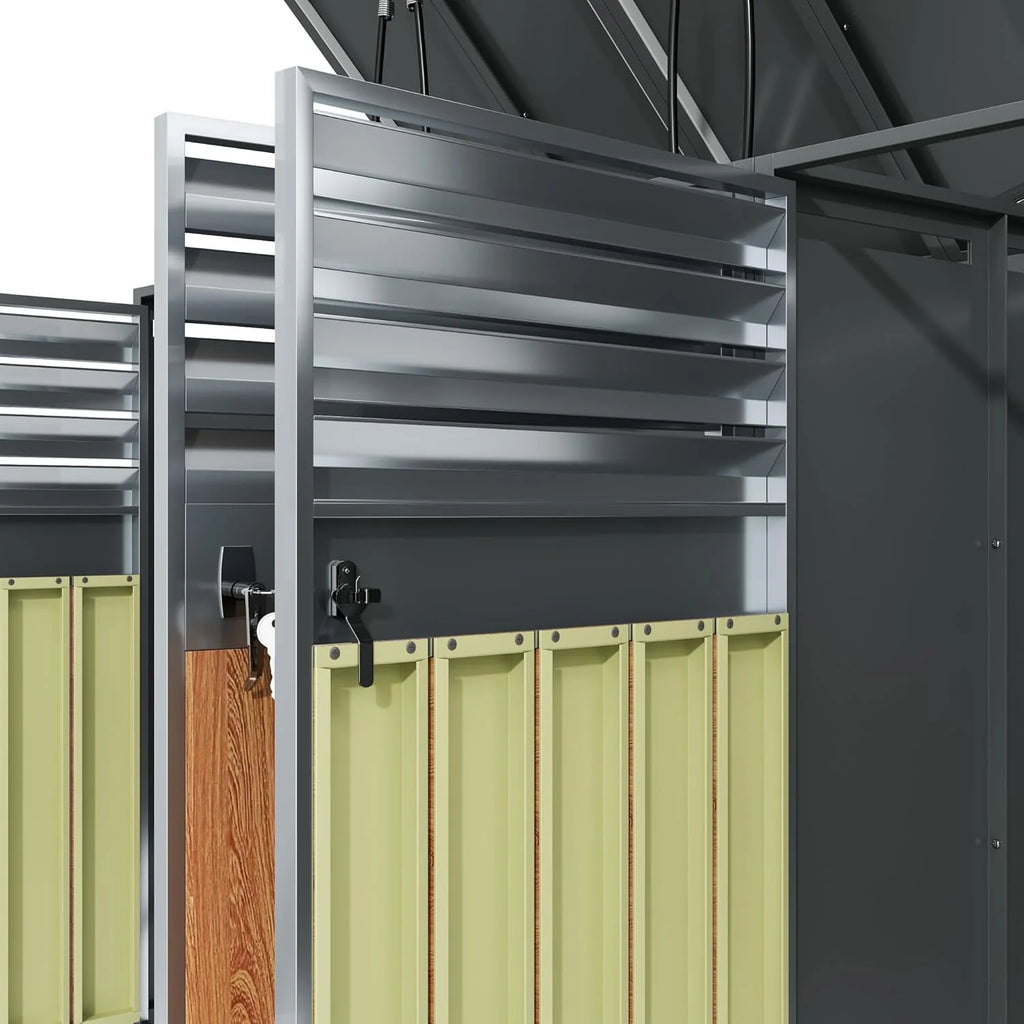 Unidad de almacenamiento de residuos de 4 compartimentos (modelo 2026) para 4 contenedores de hasta 240 L con tapa abatible, abertura de ventilación con rejillas, con cerradura, dos puertas, compartimento para contenedor de residuos de jardín, 4